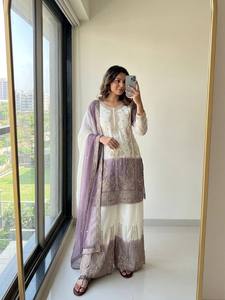 Elegant White Silk Salwar Kameez With Blue Dupatta Embroidered Ankle-Length Women's <b>Wedding</b> Wear India Pakistan Regular Fit - Product Image 6