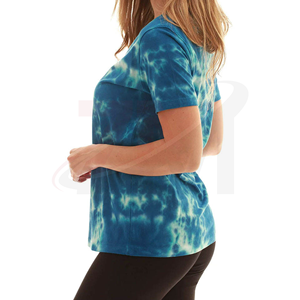 Camiseta de Manga Corta con Cuello en V y Estampado Tie-Dye para Mujer, Corte Regular, Informal, Azul, de Algodón Tejido, para Primavera/Verano - Product Image 2