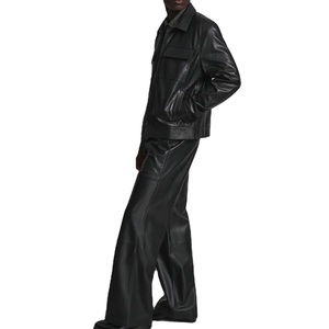 Conjunto de Chaqueta y Pantalones de Cuero Negro para Hombre, Manga Larga, Cierre de Cremallera, Cuello Camisero, Ropa Casual de Invierno, Color Sólido, Corte Regular - Product Image 2