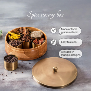 Boîte à épices en bois pour la cuisine, conteneur de rangement pour épices indiennes, organisateur d'épices en bois fait à la main avec compartiments - Product Image 4