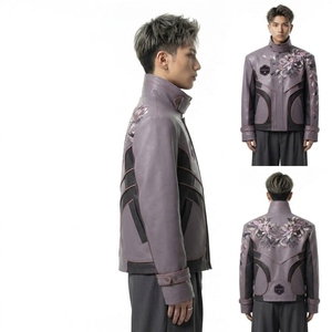 Men Japan Style <b>Real</b> <b>Leather</b> <b>Jacket</b> With Hand Embroidered Floral Pattern Stand Collar Zipper Front - Product Image 3