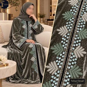 Tissu en velours olive charbon brodé de feuilles avec des paillettes argentées |   Tissu texturé brillant pour robe Abaya et tenues de cérémonie - Product Image 3