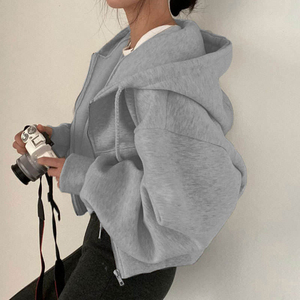 Sweat-shirt à capuche gris surdimensionné pour femme, fermeture éclair, manches régulières, polaire, polyester, anti-rétrécissement, motif géométrique brodé, hiver - Product Image 1
