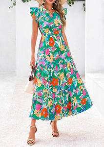 Factory Stock Natural Waist-Defined Maxi <b>Boho</b> Floral <b>Dress</b> Women's <b>Summer</b> V-Neck Vacation Outfit - Product Image 3