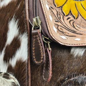 Genuine Leather Backpack Square Shape Zipper Closure Sunflower Pattern Bohemian Style Water Resistant Daily Use - Product Image 5