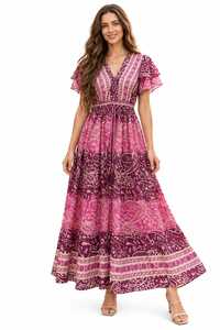 Boho V-Neck Maxi <b>Dress</b> <b>With</b> Flutter <b>Sleeves</b> Paisley Print Chiffon A-Line Loose Fit <b>Summer</b> Casual Women's <b>Dress</b> - Product Image 5
