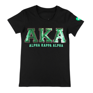 T-shirt décontracté à manches courtes en coton premium pour femme, avec patch de sequins noirs AKA, vêtement de sororité grecque - Product Image 1