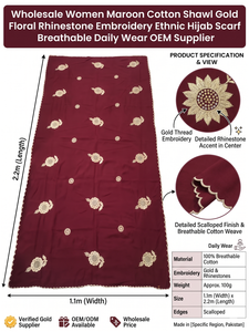 Foulard Hijab Ethnique en Coton Bordeaux pour Femme, Broderie Florale Dorée et Strass, Respirant, Usage Quotidien, Fournisseur OEM en Gros - Product Image 6