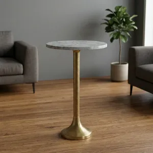 Table d'appoint moderne avec plateau rond en marbre et base en métal décorative en forme de feuille, meuble d'appoint de luxe pour la décoration du salon et de la chambre - Product Image 2