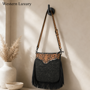 Western Floral Embossed Leather Crossbody Bag Genuine Tooled Leather Fringe Shoulder Purse Cowgirl Boho <b>Handbag</b> for Women Travel - Product Image 3