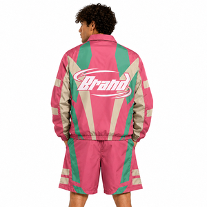 Ensemble veste coupe-vent et short en nylon rose rétro pour homme, style Y2K, color block, streetwear premium, sportswear, hoodies - Product Image 2