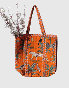 Sac fourre-tout en toile orange avec motif animalier, style bohème, ouvert en dessus, pour le shopping toutes saisons - Product Image 1