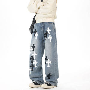 Wide Leg Denim Jeans With Black And <b>White</b> Cross Appliques Mid Waist Loose Fit Streetwear Style Stonewashed Cotton Pants Autumn - Product Image 1
