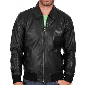 Chaqueta Bomber de Cuero Negra Ligera para Hombre con Cierre - Product Image 2