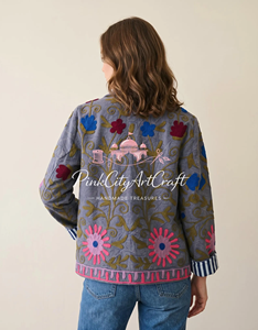 Handcrafted Grey Velvet Suzani Embroidery Woven Breathable Eco-Friendly Premium <b>Quilted</b> Winter Jacket Boho Chic Women Full - Product Image 6