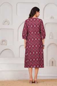 Maroon Floral Print Cotton <b>Three</b> Quarter Sleeve Casual Fit Flare Midi Dress with Maternity Feeding Gown for Daily Wear - Product Image 3