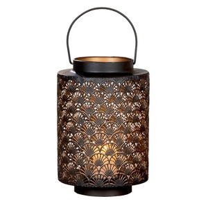 <b>Black</b> Iron <b>Lantern</b> With Wooden Top And Base Perforated Design Home Decoration Portable <b>Candle</b> Holder Indoor Outdoor Use - Product Image 6