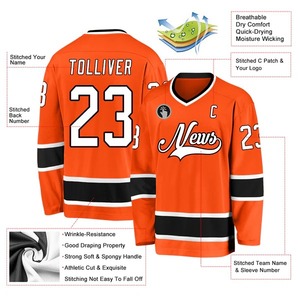 Maillot de hockey personnalisé orange, blanc et noir – Uniformes d'équipe sublimés – Maillot de hockey sur glace respirant en maille – Tenue de sport d'entraînement - Product Image 2