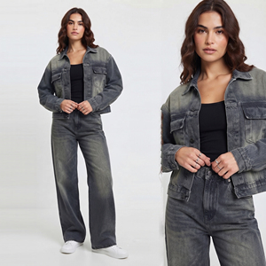 Women Cute Sexy Denim <b>Jacket</b> Wide Leg Jogger Pants Set Streetwear Jeans Button High Quality Loose Fit Wholesale - Product Image 1