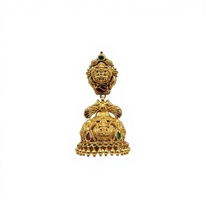Pendientes Jhumka de Oro Sólido de 22K con Motivo de Lakshmi, Acabado Antiguo, Joyería India para Bodas, con Rubíes y Perlas, Regalo para Fiestas - Product Image 1