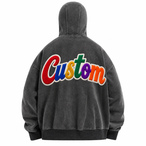 เสื้อแจ็คเก็ตฮู้ดดี้แบบเต็มตัวสำหรับผู้ชาย ผ้าเฟรนช์เทอร์รี่วินเทจ แต่งผ้าขนหนูแบบดิสเทรส พร้อมหน้ากากปิดหน้า ทรงโอเวอร์ไซส์ - Product Image 2