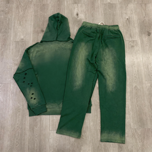 New Burgundy Loose <b>Acid</b> <b>Wash</b> Distressed Zip Up Hoodie and Sweatpants Tracksuit Set Streetwear - Product Image 3