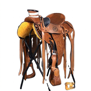 <b>Leather</b> western saddle hand <b>tooled</b> floral pattern deep seat trail riding ranch <b>work</b> roping equestrian gear with stirrups kit - Product Image 6