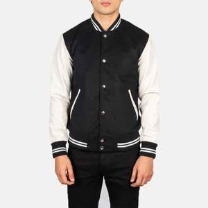 Men's Black And <b>White</b> Varsity <b>Jacket</b> Stand Collar Button Closure Casual Autumn Wear Regular Fit Polyester Cotton Blend - Product Image 3