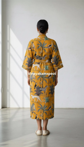 Kimono de Algodón Amarillo Mostaza Hecho a Mano para Mujer con Estampado Tradicional Indio a Bloque, Tema de Selva y Safari, para Verano - Product Image 6