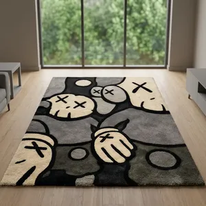 Tapis rectangulaire moderne et original, en peluche tuftée, avec dos antidérapant en caoutchouc, pour salon, motif gris, noir et blanc - Product Image 6