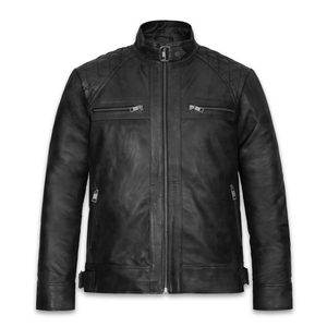 Veste en cuir pour homme, classique, en cuir véritable, veste de motard, fermeture éclair intégrale, col montant, chaude, hiver, décontractée - Product Image 1