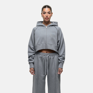 Conjunto de Sudadera Corta con Capucha Gris para Mujer, Pantalones Deportivos Largos, Casual, 2 Piezas, Felpa, Corte Holgado, para Todas las Temporadas, Tejido de Algodón - Product Image 3