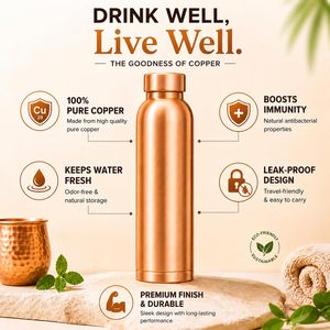 Pure <b>Copper</b> Water <b>Bottle</b> Polish Finish Leak Proof Reusable <b>Drinking</b> <b>Bottle</b> with Lid for Home Office Travel - Product Image 4
