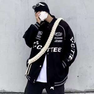 Blouson de baseball tendance noir brodé à col montant et boutons corne, style motard streetwear - Product Image 2