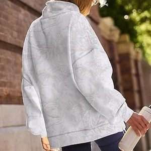<b>White</b> Grey Leaf Print <b>Women's</b> High Neck <b>Sweatshirt</b> with Dropped Shoulders and Roomy Long Sleeve Shape <b>for</b> Casual Streetwear - Product Image 2