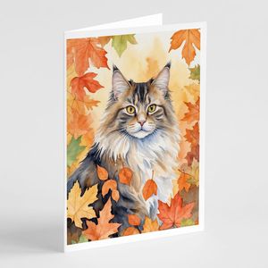 Chat de forêt norvégien en feuilles d'automne capricieux A7 taille 5x7 cartes de note vierges avec enveloppes Pack 8 cartes de voeux - Product Image 1