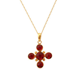 Pink Fuchsia 18k Gold Plated Brass <b>Cross</b> Pendant Necklace with Bezel Setting Cute Round Gemstone Statement Gift for Mom - Product Image 3