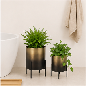 Jardinière moderne de luxe en métal avec support, pot à fleurs artisanal haut de gamme en fer doré et noir pour l'intérieur, la maison et le salon - Product Image 2