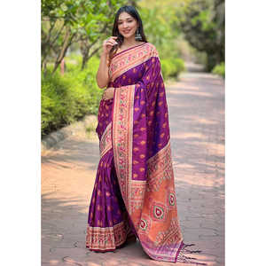 Original <b>Purple</b> Meenakari Yeola Paithani Silk Zari Woven <b>Saree</b> Elegant Evening Dress - Product Image 3