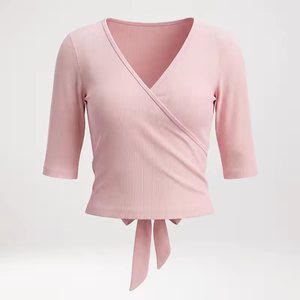 Camiseta de Mujer con Cuello en V, Acanalada, con Abertura Frontal, Manga Corta, Ajustada, para Yoga y Baile - Product Image 6
