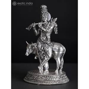 Superfino Murli Manohar Krishna vaca plateado latón estatua elegante escultura - Product Image 3
