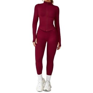Ensemble de veste zippée à col montant sans couture pour femmes, ensemble de sport pour la course à pied en plein air, entraînement, leggings de yoga à taille élastique - Product Image 1