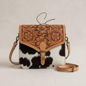 Sac bandoulière vintage en cuir véritable, motif floral, en cuir de vachette, sac à main western en cuir de vache à poils pour femme - Product Image 3