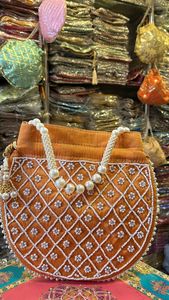 Beautiful Orange Color Raw Silk Potli <b>Bags</b> Embellished with Crystal Glass Beads Stones & Resham Embroidery for Wedding Party - Product Image 2