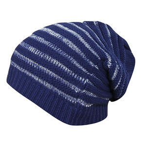 Striped Knit <b>Beanie</b> <b>Hat</b> for Adults Unisex Winter Cap 100% Acrylic Casual Style Blue with White Lines Computer Knitted - Product Image 1