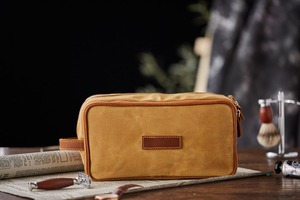 Double Zipper Leather Canvas Toiletry Bag Custom Logo Waterproof Travel Shaving Dopp Kit Cosmetic Organizer <b>Case</b> LCTB-0044E - Product Image 5