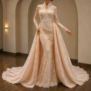 Chantilly Lace <b>Wedding</b> <b>Dress</b> Long <b>Sleeve</b> High Neck Bridal Gown <b>Detachable</b> Overskirt Couture Evening Formalwear - Product Image 1
