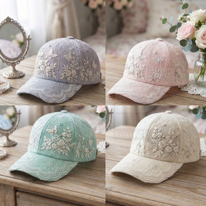Women Lace Baseball <b>Hat</b> With Decorative Embroidery Rhinestone Accents Breathable Lace Panels Strap Outdoor <b>Summer</b> Style - Product Image 3