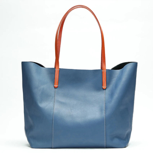Bolso Tote de Cuero Genuino Azul con Asas Naranjas, Cierre Abierto, Estilo Minimalista para Uso Diario - Product Image 1