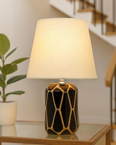 Lámpara de Mesa Moderna de Cerámica Negra de Lujo, Base Geométrica Dorada, Pantalla de Tela Negra, Estilo Art Deco, para Dormitorio, Sala de Estar, Decoración del Hogar - Product Image 2